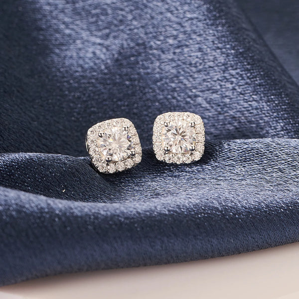 Pendientes de botón con halo cuadrado de moissanita para mujer, 1 ct