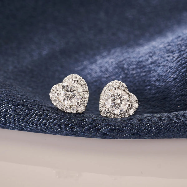 Pendientes de botón con halo en forma de corazón de moissanita para mujer, 1 ct